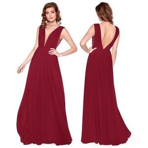 Azazie Chiffon‎ Gown Dress Maxi Blaine Deep Vneck Formal Elegant Red Size10 $129